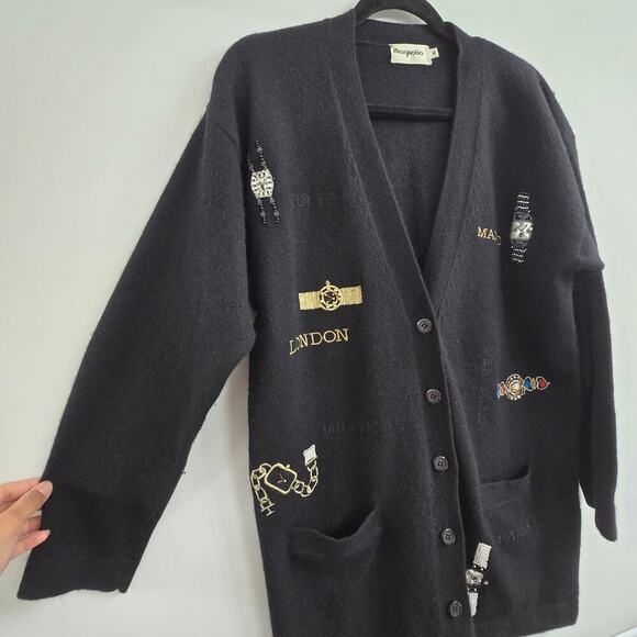 Magnolia Womens Wool Angora Cardigan Sweater M Black Embroidered ArtToWear Money - Picture 9 of 16